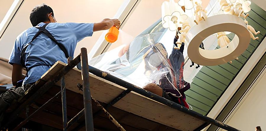 Ein Mann steht auf einem Gerüst und foliert eine Hauswand